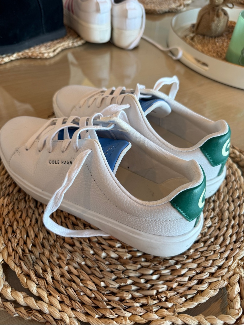 Cole Haan Kids White Sneakers with Green Heel and Blue Tongue